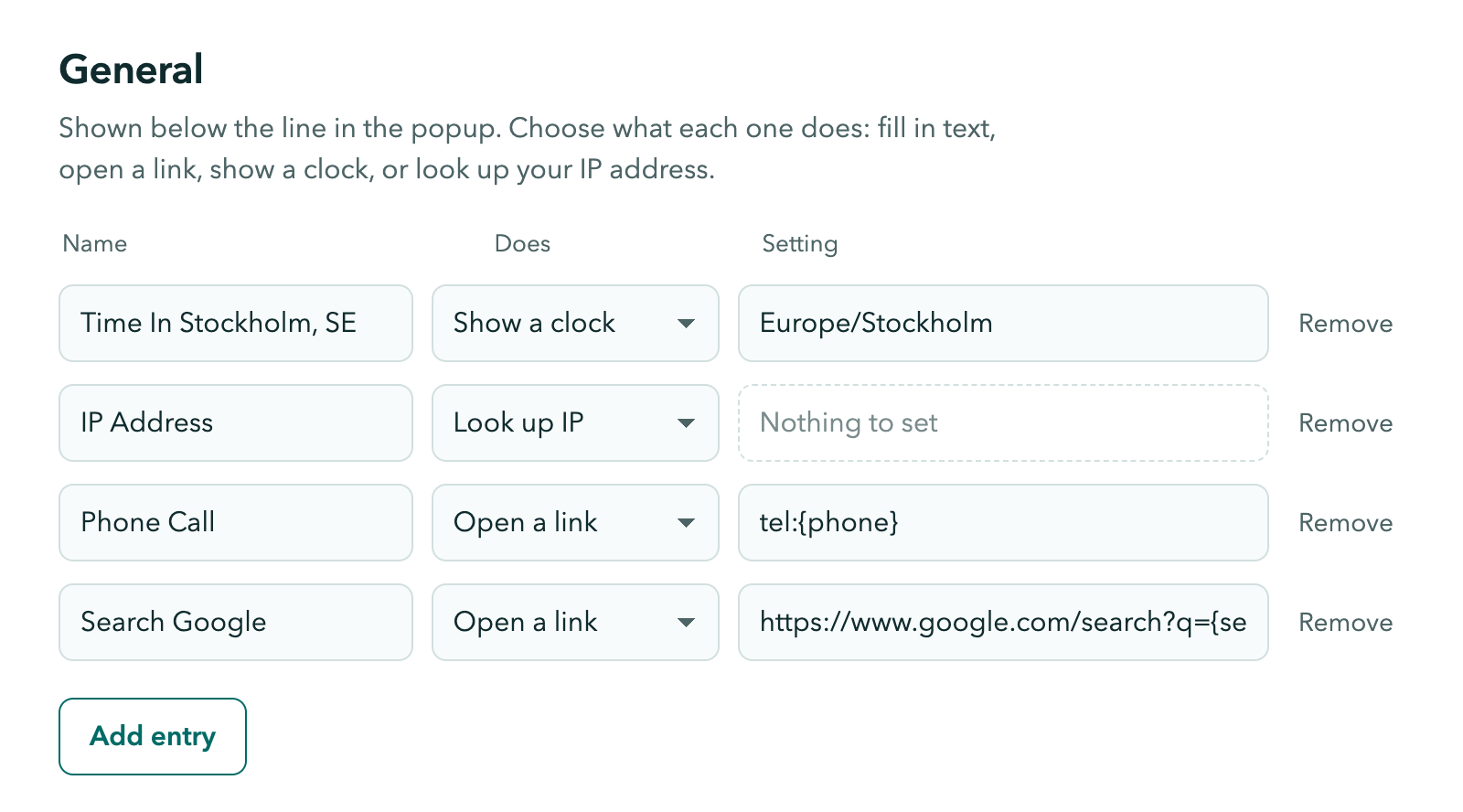 The Marklettes settings page with entries for a clock, an IP lookup and two links
