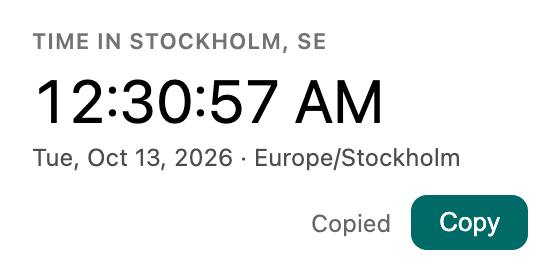 A Marklettes clock card showing the time in Stockholm